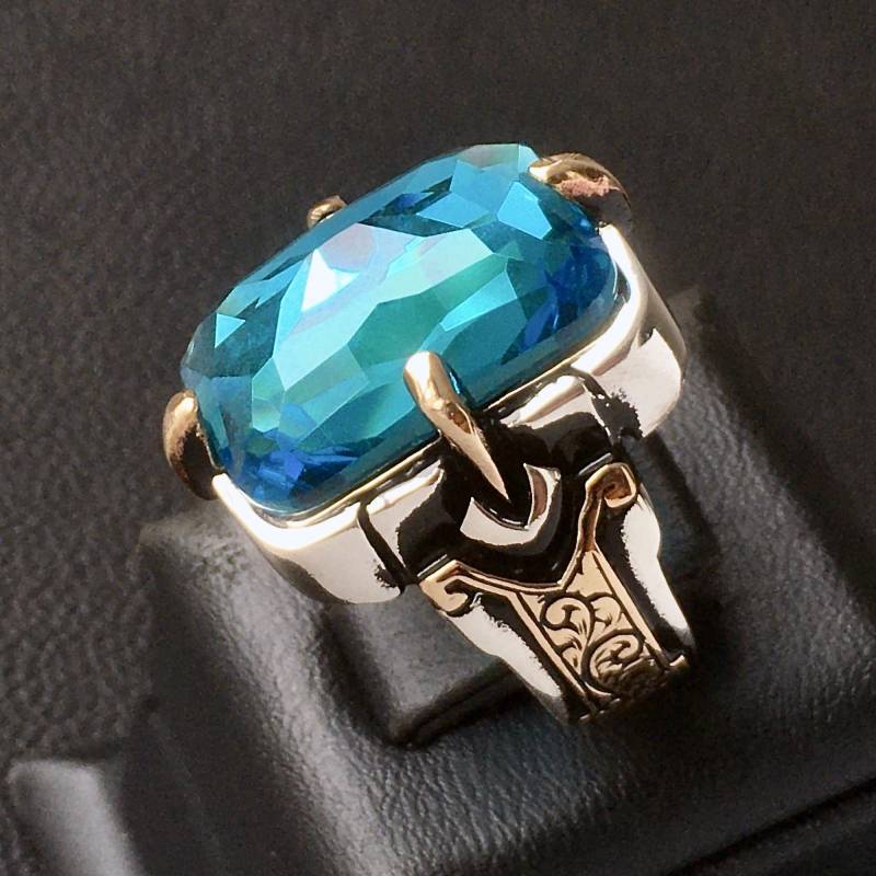 Silber Herren Ring Sky Blue Topas Stein Massivem Sterling Handwerker Schmuck von KARAT35