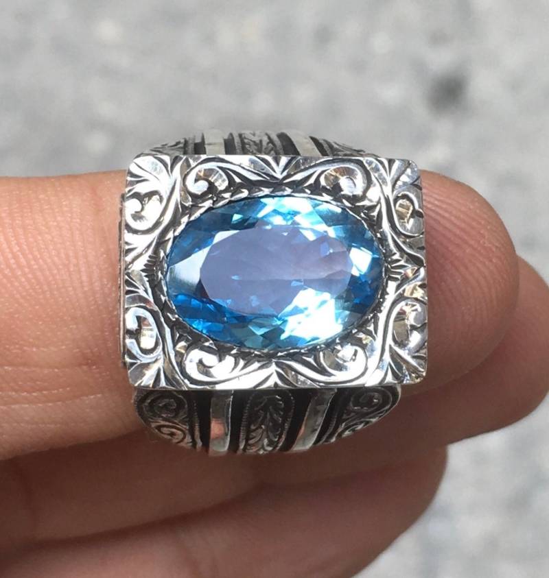 Sky Blue Topaz Sterling Silber Ring Einzigartige Handgefertigte Herren Schmuck Größe 9, 5 von KARAT35