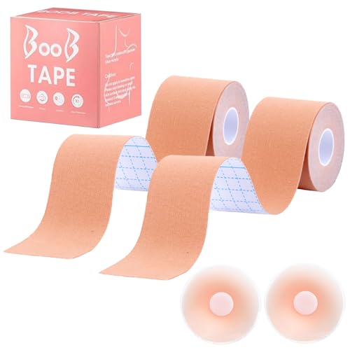 2 Paar Premium Boob Tape, Klebe Push Up BH, Brusttape Klebe BH Große Brust Unsichtbares Nippli Tape, 5cm x 5m, für Körbchengrößen A-G, Unsichtbar Silikon Nipple Cover, Nippelpads und Fashion Tape Set von KARELLS