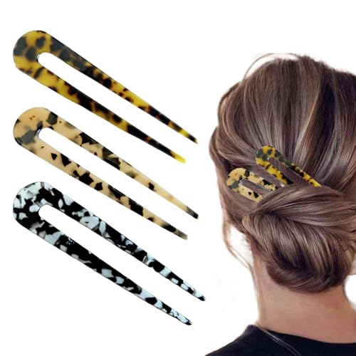 3 Stück Haarnadel Stick Französisch Stil, U-förmige Französische Haargabel, French Style Acetat Haargabel, U-shaped French Style Tortoiseshell Hair Sticks, für Frauen Mädchen, Haarstyling Zubehör von KARELLS