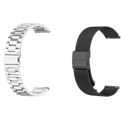 2 Stück Armband Kompatibel mit Garmin Forerunner 165/Forerunner 165 Musik Armband, 20mm Solide Edelstahl Uhrenarmband Mesh Metall Armband Business Sports Ersatzband für Damen Herren, Silber/Schwarz. von KAREN66