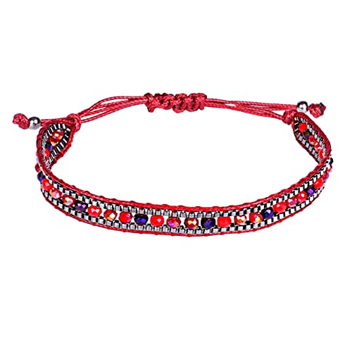 Armband für Damen Schmuck Armband böhmischer Stil einfarbiges Kristallarmband handgewebte Kette Damenarmband handgewebtes Kristallperlenarmband bunt verstellbarer klassischer Armreif (Red, One Size) von KAREN66