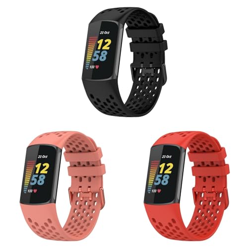 KAREN66 3 Stück Armbänder Kompatibel mit Fitbit Charge 6 Armband, Atmungsaktives Sportarmband aus Silikon, verstellbar, für Fitbit Charge 6, für Damen und Herren (Schwarz+Rosa+Rot) von KAREN66