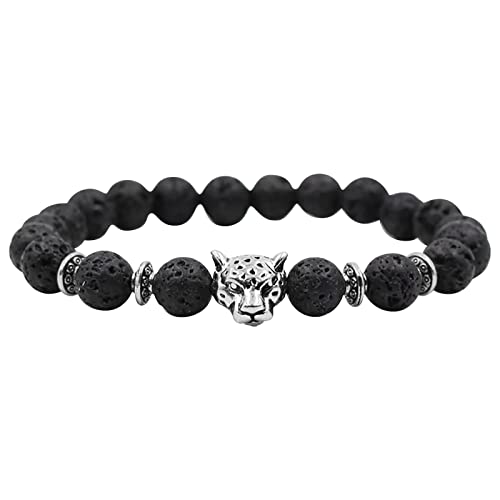 KAREN66 Armband Damen Armband Buddha Armband Lavastein Perlen Armband Lava Vulkanstein Leopardenkopf für Männer und Frauen Stretch-Armband (Silver, One Size) von KAREN66