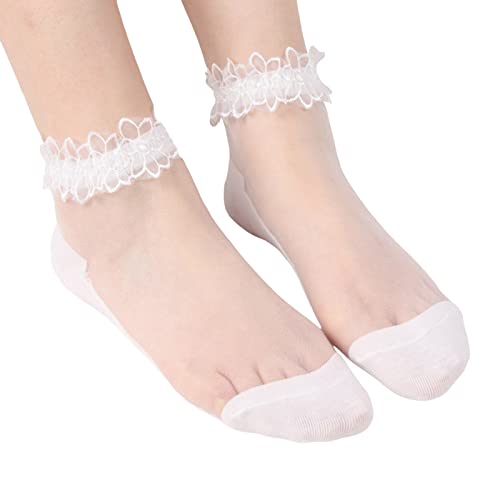 Durchsichtige Söckchen 1 Paar Spitzen Knöchel Socken Transparente Socken Damen dünne kurz Kleid Strümpfe für Frauen Mädchen, Freie Größe (Weiss) von KAREN66