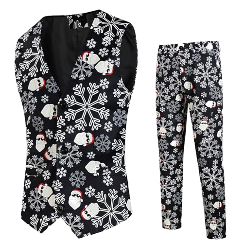 KAREN66 Herren Weihnachtsanzüge 2 Teilig Weihnachtsmann Schneemann Druck Einreihige Weste Hose Anzug Hosen Sets Weihnachten Slim Fit Anzüge Party Kostüm Anzughose Weste (Black, M) von KAREN66