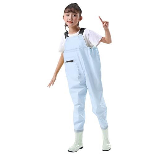 KAREN66 Kinderwathose Wathose für Kinder mit Stiefeln, Junge Mädchen Angelhose mit Tasche, wasserdichte Atmungsaktive Crosswater Waders Nylon & PVC Teichhose (Hellblau, 10 Jahre) von KAREN66