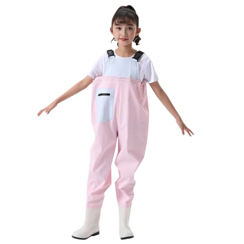 KAREN66 Kinderwathose Wathose für Kinder mit Stiefeln, Junge Mädchen Angelhose mit Tasche, wasserdichte Atmungsaktive Crosswater Waders Nylon & PVC Teichhose (Rosa, 3 Jahre) von KAREN66