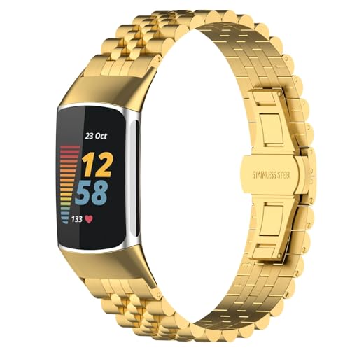 KAREN66 Metall Armband Kompatibel mit Fitbit Charge 6 Armband/Charge 5 Armband, Edelstahl Ersatzarmband Uhrenarmband für Damen Herren (Gold) von KAREN66