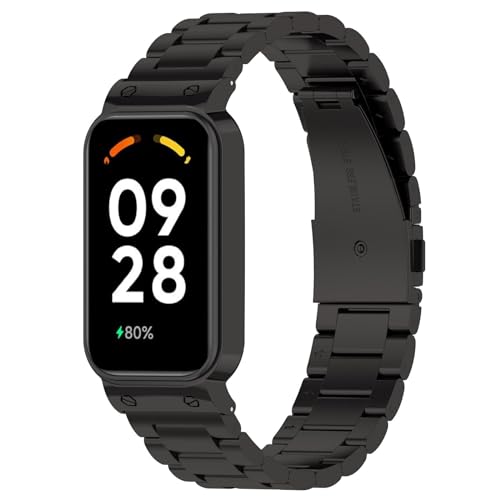 Metallarmband Kompatibel mit Xiaomi Smart Band 8 Active/Redmi Smart Band 2 Armband, Metall Ersatzarmband Wasserdicht Edelstahl Replacement Wrist Strap Zubehör Uhrenarmband für Damen Herren, Schwarz von KAREN66