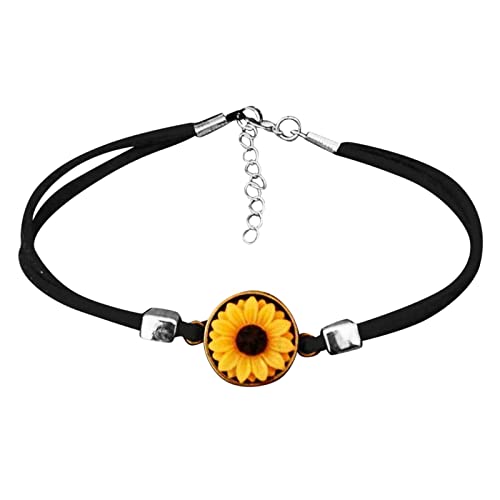 Personalisierbare Armbänder Herren Damen Armband Gänseblümchen Armband Kunstfächer Lederarmband Frau Sonnenblume Retro Armband Gänseblümchen Sonnenblume Blumen Halloween Weihnachten (Black, One Size) von KAREN66