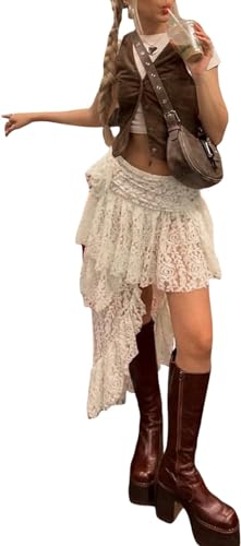 KarFri Damen Spitze Kurz Rock Y2k Steampunk Gothic Minirock Sommer Asymmetrisch Rüschen Faltenrock Streetwear, beige, 40 von KARFRI