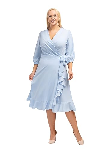 KARKO - Elegantes Kleid IRIS I in Wickeloptik I mit Rüsche I Übergröße (Plus Size) I Leicht Körperbetonter Schnitt I V-Ausschnitt I feine Puffärmel I Bequemer Bindegürtel von KARKO