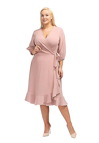 KARKO - Elegantes Kleid IRIS I in Wickeloptik I mit Rüsche I Übergröße (Plus Size) I Leicht Körperbetonter Schnitt I V-Ausschnitt I feine Puffärmel I Bequemer Bindegürtel von KARKO