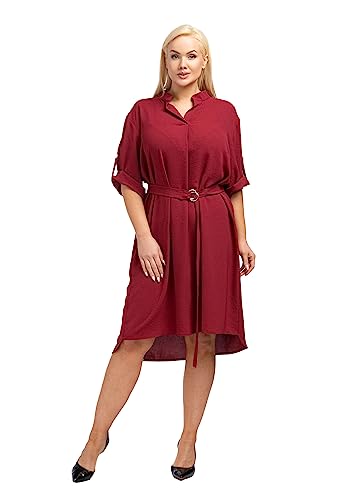 KARKO - Freizeitkleid mit Gürtel ANIESA I Übergröße (Plus Size) I Weiter Schnitt I Midilänge I Ellbogenlange Ärmel I V-Ausschnitt I Eleganter Stehkragen I Burgund - 50-52 von KARKO
