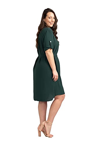 KARKO - Freizeitkleid mit Gürtel ANIESA I Übergröße (Plus Size) I Weiter Schnitt I Midilänge I Ellbogenlange Ärmel I V-Ausschnitt I Eleganter Stehkragen I Flaschengrün - 42-44 von KARKO
