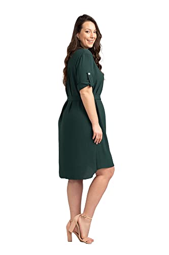 KARKO - Freizeitkleid mit Gürtel ANIESA I Übergröße (Plus Size) I Weiter Schnitt I Midilänge I Ellbogenlange Ärmel I V-Ausschnitt I Eleganter Stehkragen I Flaschengrün - 46-48 von KARKO