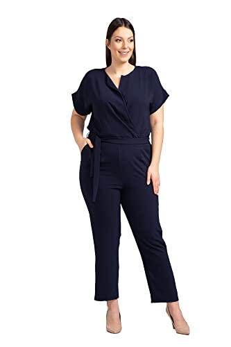 KARKO - Jumpsuit FARIDA I Übergröße (Plus Size) Damen Overall I V-Ausschnitt in Wickeloptik I Locker Geschnittene Ärmel I Bindegürtel I Körperbetonte Hosenbeine I Verdeckter Reißverschluss von KARKO