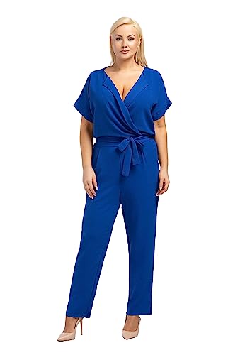 KARKO - Jumpsuit FARIDA I Übergröße (Plus Size) Damen Overall I V-Ausschnitt in Wickeloptik I Locker Geschnittene Ärmel I Bindegürtel I Körperbetonte Hosenbeine I Verdeckter Reißverschluss von KARKO