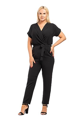 KARKO - Jumpsuit FARIDA I Übergröße (Plus Size) Damen Overall I V-Ausschnitt in Wickeloptik I Locker Geschnittene Ärmel I Bindegürtel I Körperbetonte Hosenbeine I Verdeckter Reißverschluss von KARKO