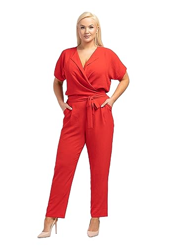 KARKO - Jumpsuit FARIDA I Übergröße (Plus Size) Damen Overall I V-Ausschnitt in Wickeloptik I Locker Geschnittene Ärmel I Bindegürtel I Körperbetonte Hosenbeine I Verdeckter Reißverschluss von KARKO