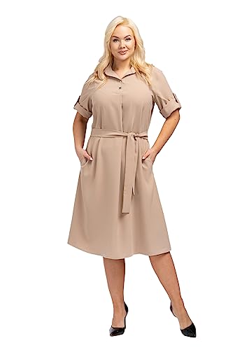 KARKO - Kleid Silvia | Übergröße | lockerer Schnitt | Midi-Länge | V-Ausschnitt | Kragen am Ausschnitt | 3/4 Ärmel | Dunkelbeige - 46-48 von KARKO