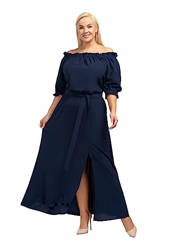 KARKO - Langes Kleid Astra I im Spanischen Stil I Übergröße (Plus Size) I Carmen-Ausschnitt I mit Gummizug und Raffung I 3/4-lange Ärmel mit Gummizug I Langer Beinschlitz Vorne von KARKO