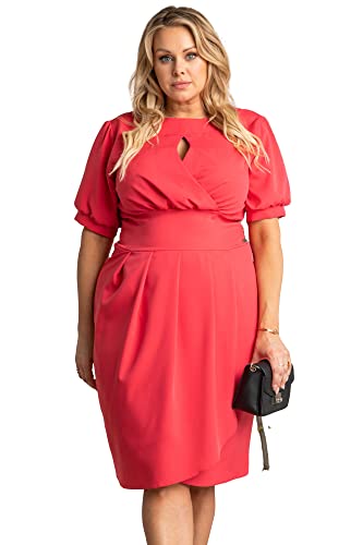 KARKO - Tailliertes INGRIDA Kleid I mit Dekolleté im Cut-Out-Design I Übergröße (Plus Size) I Köperbetonte Passform I Knielänge I Ellenbogenlange Ärmel I Korallenfarbe - 44 von KARKO