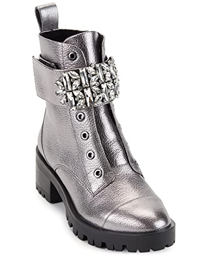 KARL LAGERFELD Damen Pippa Lug Sole Combat Boot with Rhinestone Embellishments Springerstiefel, Silber, 38 EU von KARL LAGERFELD