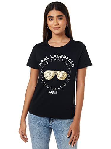 Karl Lagerfeld Paris Damen Kultige Kurzarm Tops-Crewneck Frauen Design und Klp Logo T-Shirt, Pailletten-Sonnenbrille, Schwarz, Klein von KARL LAGERFELD