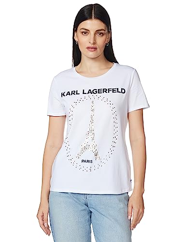 Karl Lagerfeld Paris Damen kurzen Ärmeln, T-Shirt, Eiffelturm mit Pailletten, Weiß, Mittel von KARL LAGERFELD