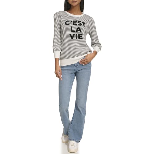 Karl Lagerfeld Paris Damen C'est La Vie Stripe Sweater Pullover, Weiß, Schwarz, X-Klein von KARL LAGERFELD