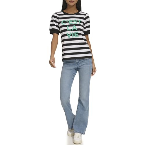 Karl Lagerfeld Paris Damen C'est La Vie Stripe T-Shirt, Soft White Black Chartruese, Mittel von KARL LAGERFELD