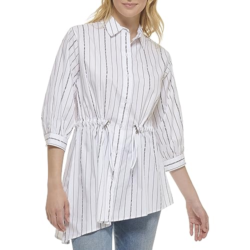 Karl Lagerfeld Paris Damen Everyday Taille Krawatte Langarm Bluse, Weiß/Schwarz 1, Groß von KARL LAGERFELD