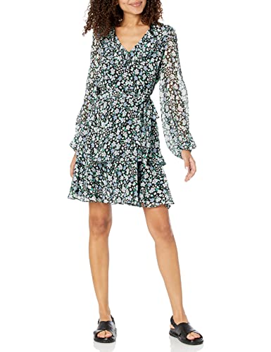 Karl Lagerfeld Paris Damen Floral Tie Rüschen Kleid, Schwarz True Blue Multi, 34 von KARL LAGERFELD