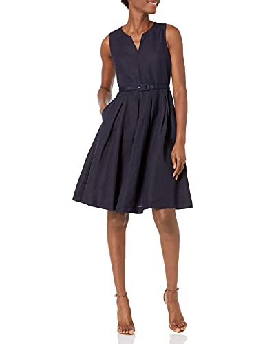 KARL LAGERFELD Damen Leinen Fit und Flare Kleid Lässiges Abendkleid, Marineblau, 40 von KARL LAGERFELD