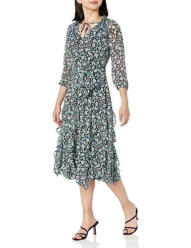 Karl Lagerfeld Paris Damen Midikleid mit Blumenmuster und Rüschen, Schwarz True Blue Multi, 40 von KARL LAGERFELD