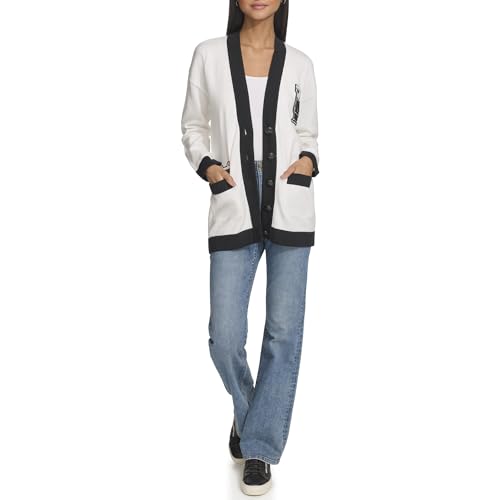 Karl Lagerfeld Paris Damen Strickjacke mit Varsity-Logo und Patches Marled Cardigan, Weiches Weiß/Schwarz, XL von KARL LAGERFELD