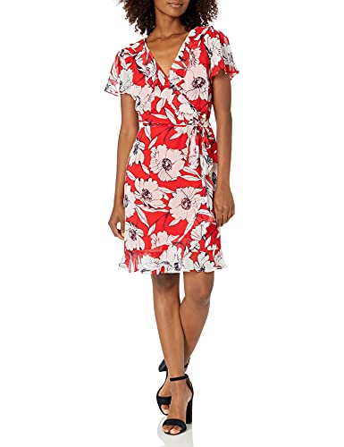 Karl Lagerfeld Paris Dresses Damen Chiffon Rüschen Kleid, Tomato Multi, 34 von KARL LAGERFELD