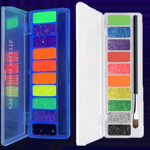 KARLOR 10 Farben fluoreszierend Lidschatten Glitzer leuchtend Neon UV Lidschatten Matte Schimmer Pailletten bunt cremig Lidschattenpalette mit Pinsel UV Eyeshow Glow unter UV Licht von KARLOR
