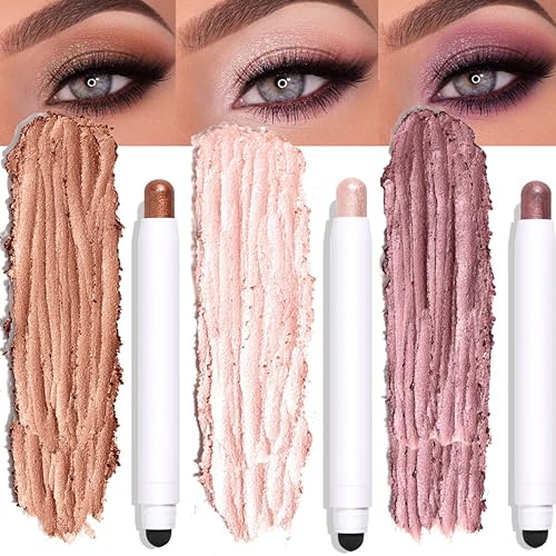 KARLOR 3 PCS Creme Lidschatten Stiften mit Schwamm, Schimmer Perlmutt Lidschatten cremig Eyeshadow Stick Lila Champagner Braun Lidschatten Stift Base Highlighter Make up Stift wasserfest (06+08+09) von KARLOR