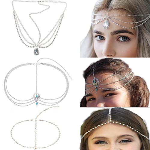 KARLOR 3 Stück Kopfschmuck Kopfkette Silberhaarskette Boho Stirnband Kristallwassertropfen Perlen Türkis Quaste Prinzessin Haarband Hochzeit Party Halloween Cosplay Haarschmuck Damen Mädchen(Fee Set) von KARLOR