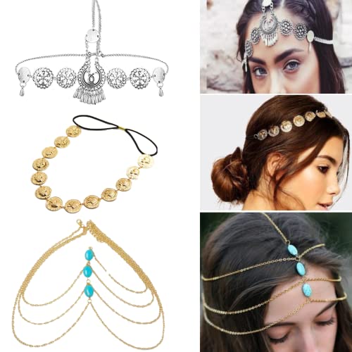 KARLOR 3 Stücke Kopfschmuck silber Kopfkette Haarskette Boho Stirnband Türkis Münzen Metallschnitzen Prinzessin Haarband Hochzeit Fest Party Halloween Cosplay Kopfschmuck Damen Mädchen(Indianer Set) von KARLOR