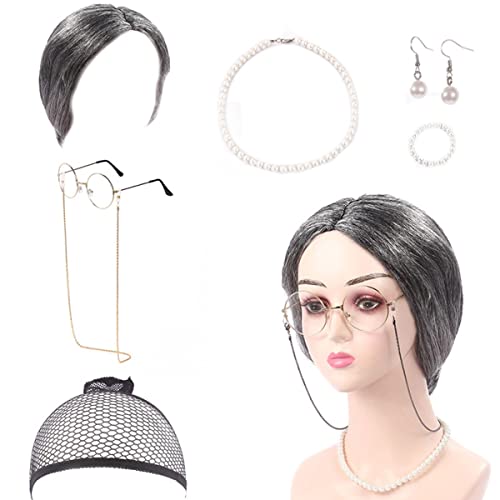 KARLOR Alte Damen Perücke silbergrau gerade, 7 PCS Oma Kostümzubehör Großmutter Perücke Old Lady Perückekappe Omabrille mit ketten Armband, Alte Damen Outfit für Halloween Karneval Mottoparty Fasching von KARLOR