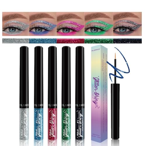 KARLOR Eyeliner Glitzer Set, 5 Farben flüssig Eyeliner bunt Metallic Shimmer Glitter Eyeshadow flüssig Wasserfest Wischfest Eyeliner Stift grün rosa blau silbern schwarz Eyeliner Set von KARLOR