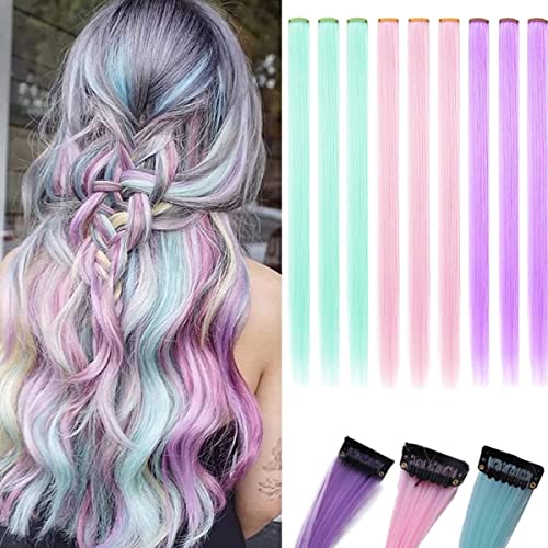 KARLOR Farbige Haarverlängerung, 9 PCS helllila & mintblau & hellrosa Haarteil gefärbt Haarsträhnen bunt glatt Haarteil Clip in Haarextensions Mädchen Damen Princess Party Kostümen Fasching Cosplay von KARLOR