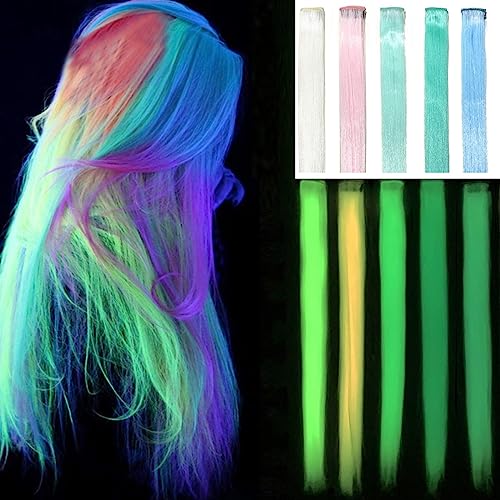 KARLOR fluoreszierende Haarsträhnen,10 PCS Neon Haarteil Festival Haarverlängerung gefärbt farbig glatt Clip in Haarextensions Karneval Schwarzlicht Party Fasching(Glow in Dark) von KARLOR