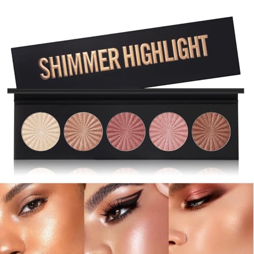 KARLOR Gesicht Highlighter Palette, 5 Farben Highlighter Kontour Makeup Champagner Golden Bronzer Rosa Highlighter Perlmutt Schimmer Glitzer hochglänzend Highlighter Puder Lidschatten Palette von KARLOR