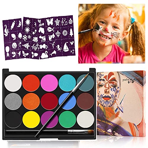 KARLOR Gesichtsfarbe,15 Farben Kinderschminke Set,ungiftig wasserlöslich,40 Schablonen 2 Pinsel,Schminkfarbe Face Body Painting Set für Erwachsene Kinder Makeup Halloween Karneval Fasching Cosplay von KARLOR