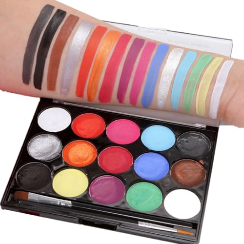 KARLOR Gesichtsfarbe,15 Farben Kinderschminke Set 2 Pinsel ungiftig wasserlöslich Schminkfarbe Face Body Painting Set für Erwachsene Kinder Makeup Halloween Karneval Fasching Cosplay von KARLOR